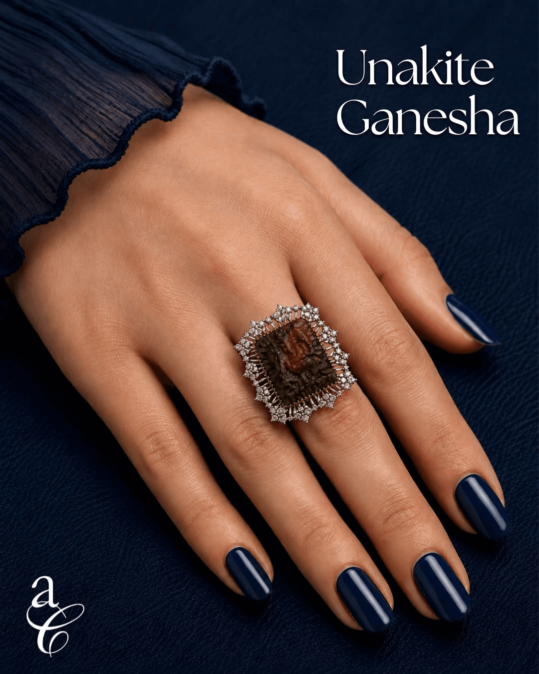 Unakite Ganesha statement ring set with diamonds